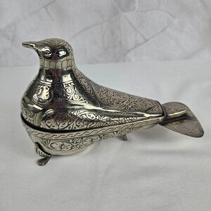 Vintage Silver Aluminum Bird Box Carved Florals and Swirls Tri-Legged Decor